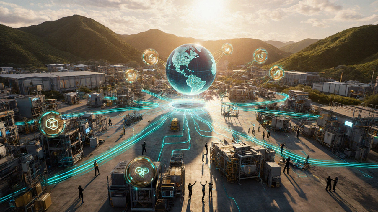 Aerial digital painting of a modern plant with glowing data ribbons showing agility and reduced waste.