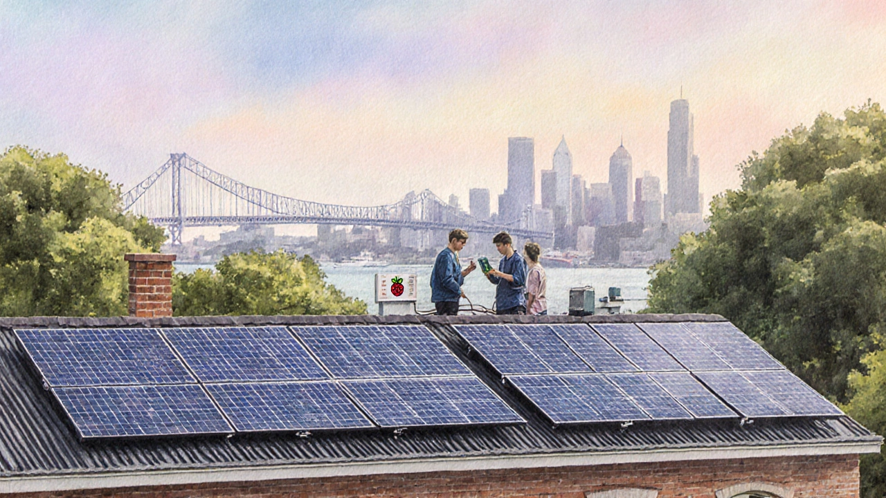 Auckland community hall roof with solar panels and a small micro‑grid prototype, startup team monitoring equipment.