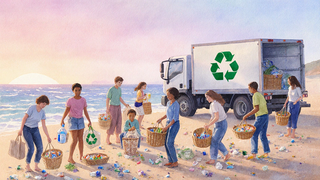 Community beach cleanup at sunrise with people using reusable items, a recycling truck nearby.
