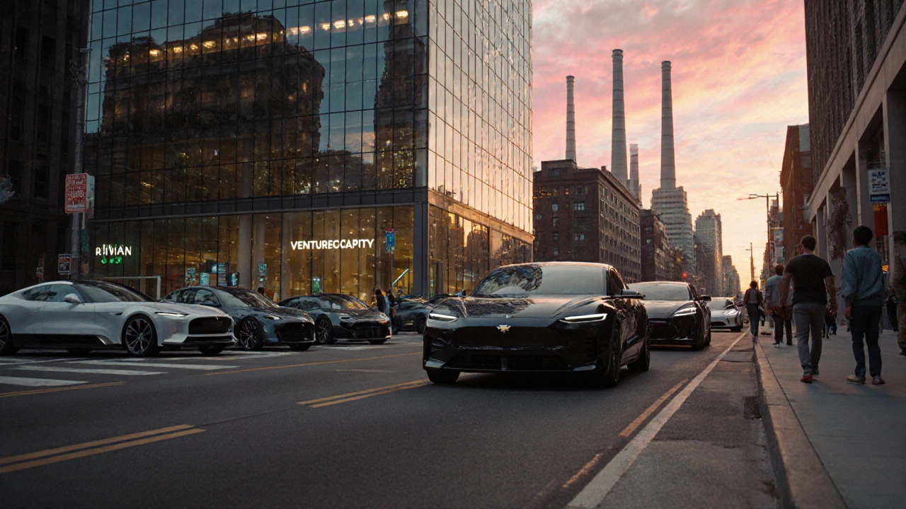 Detroit street with classic muscle car and modern electric vehicles beside venture capital building.