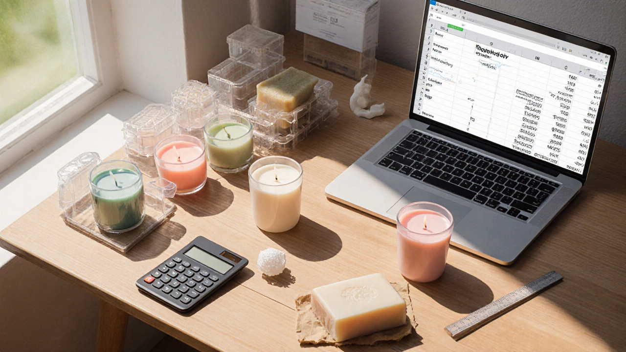 Flat lay of candle molds, soap bars, 3D-printed keychain, and profit spreadsheet tools.