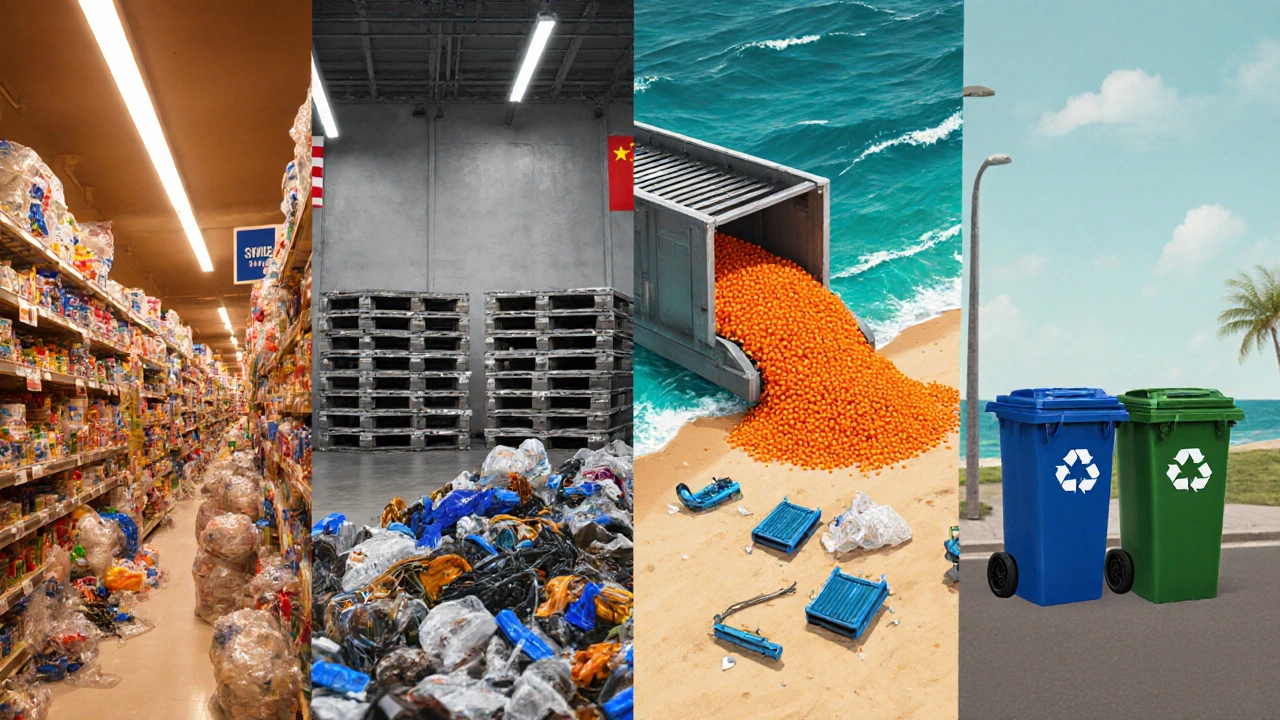 Four panels showing US supermarket packaging waste, China&#039;s resin pellets, Indonesia&#039;s beach litter, EU recycling bins.