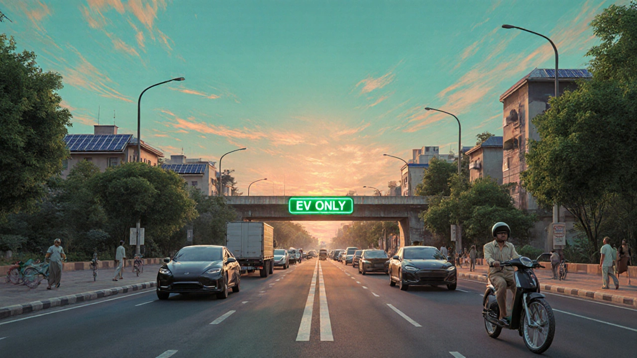 Future Indian city street filled with electric cars, EV‑only signs, and greenery.