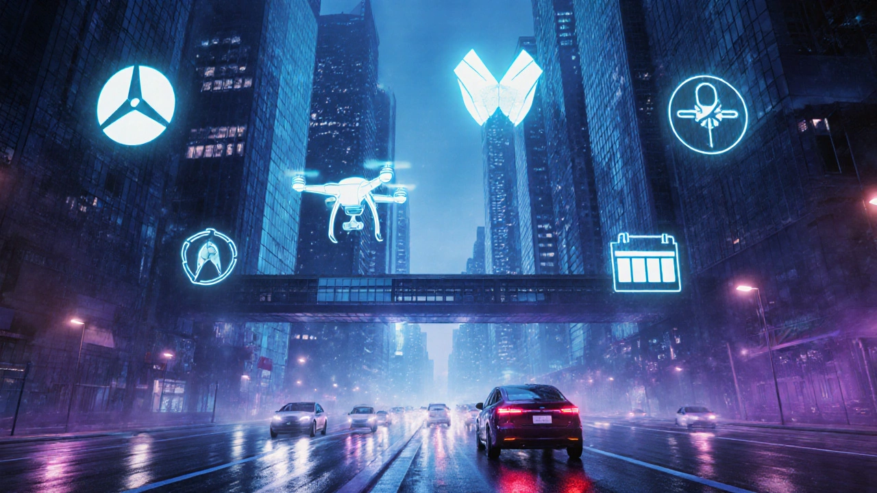 Futuristic city at night with holographic car brand icons over autonomous electric cars.