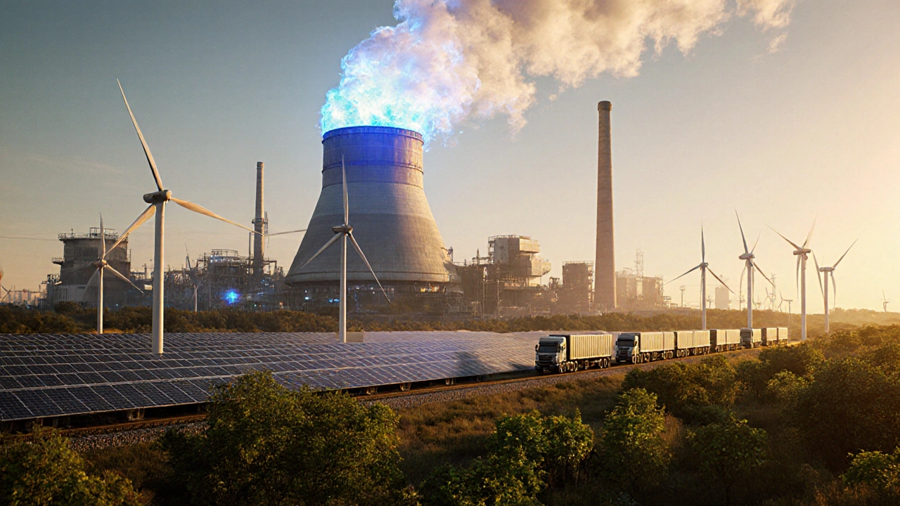 Futuristic green steel furnace with renewable energy and low‑carbon transport.