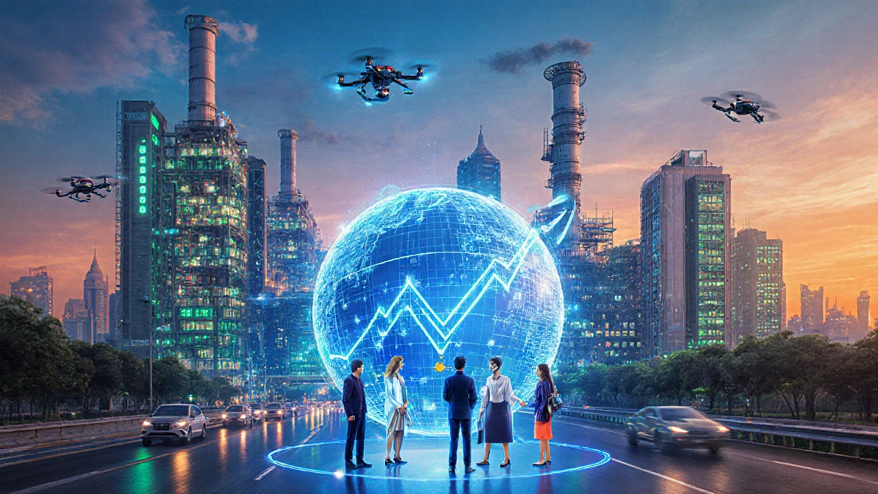 Futuristic Indian city with high‑tech factories, drones, and diverse tech professionals collaborating.