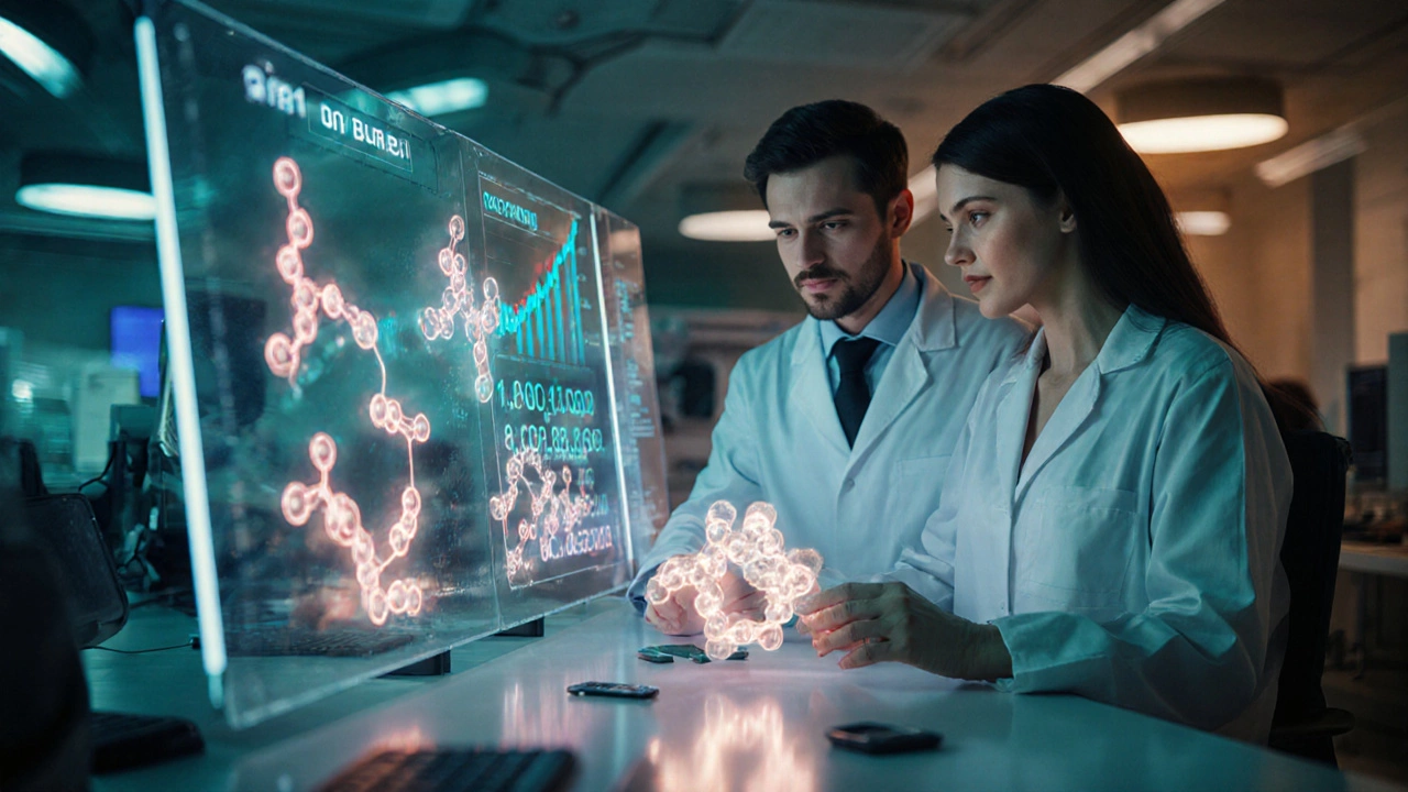Futuristic lab where scientists study glowing specialty drug molecules.