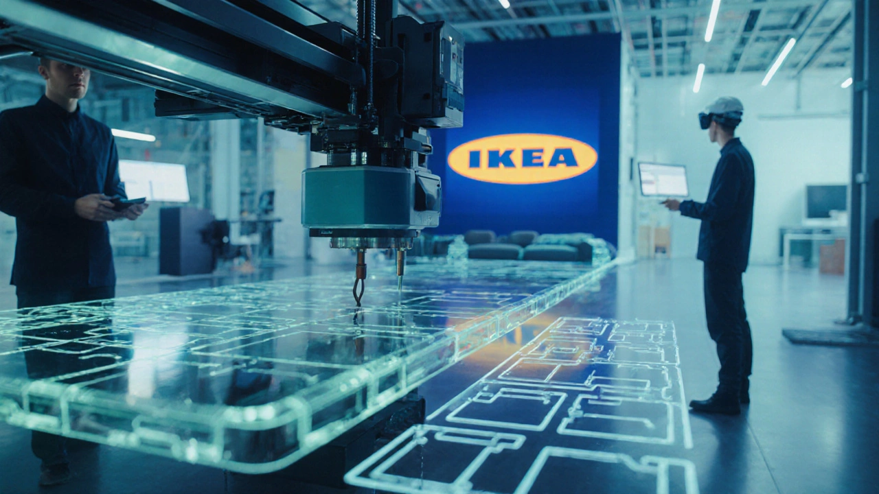Futuristic lab with 3D‑printed modular sofa and AR visualization of smart furniture.