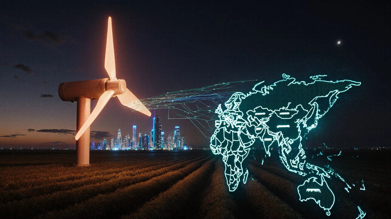 Futuristic scene of hybrid turbine, holographic farm twin and glowing export routes at dusk.