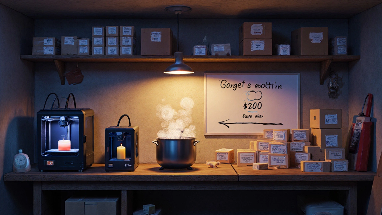 Garage workshop at dusk with multiple 3D printers, wax pot, and packaged products.
