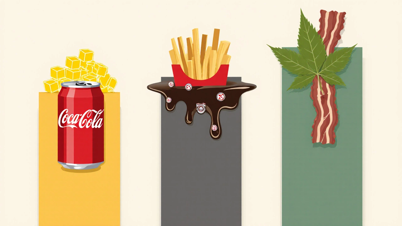 Illustration of three columns: sugar cubes, oil droplet, wilted leaf, showing food ranking criteria.