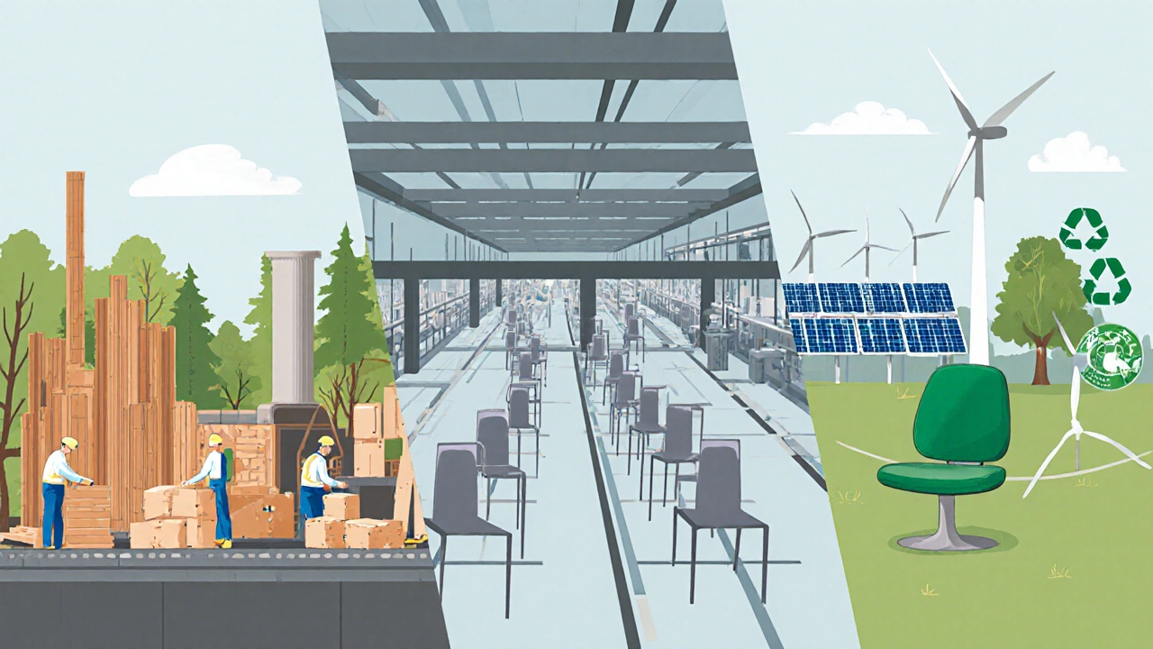 Illustration showing a factory chain, massive assembly line, and green energy symbols representing IKEA's pillars.