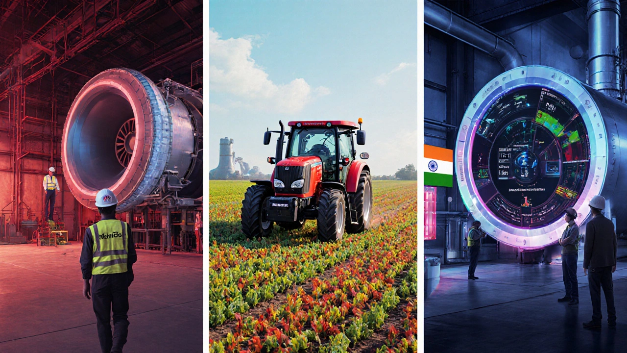Illustration showing L&T turbine, Mahindra smart tractor, and BHEL steam turbine side by side.