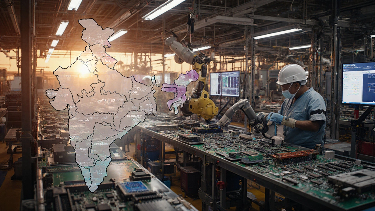 Inside a modern Indian electronics factory with robots, workers, and a map overlay of key states.