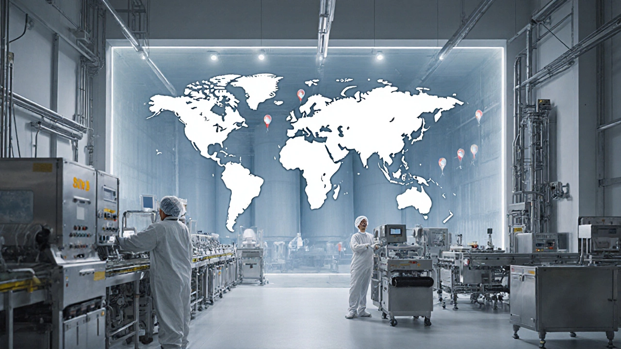 Modern pharma plant with robotic lines and world map of API sites.