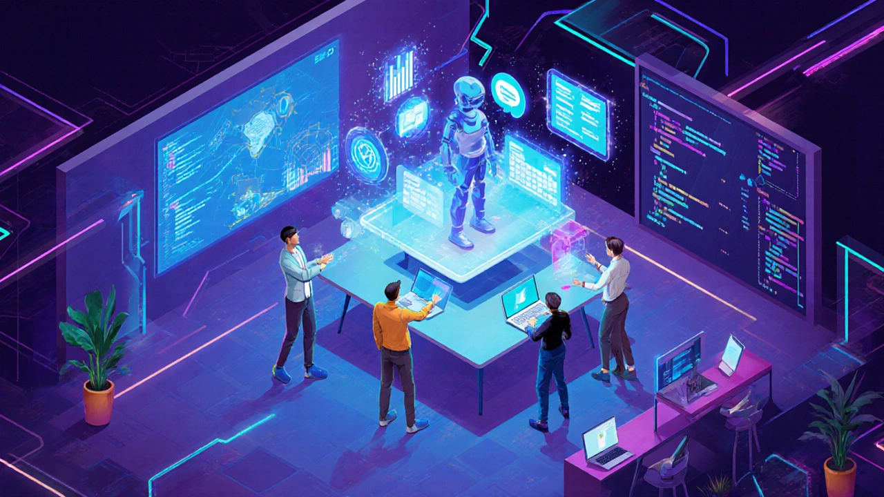 Office scene with diverse team interacting with a glowing holographic AI assistant displaying data visualizations.