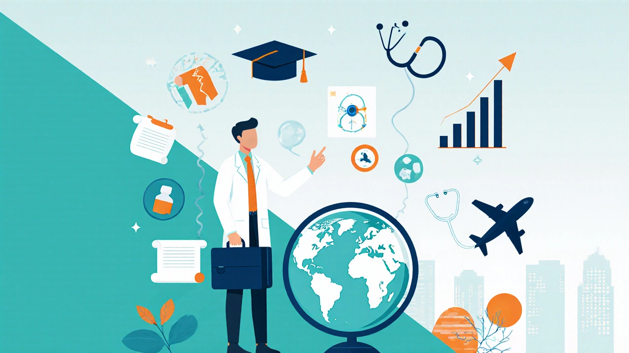 Pharmacist planning an international move, standing by a globe with career symbols.