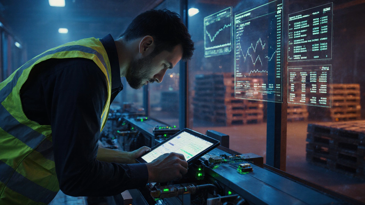 Photorealistic factory line with operator adjusting machine via tablet, sensors glowing, data dashboard visible.