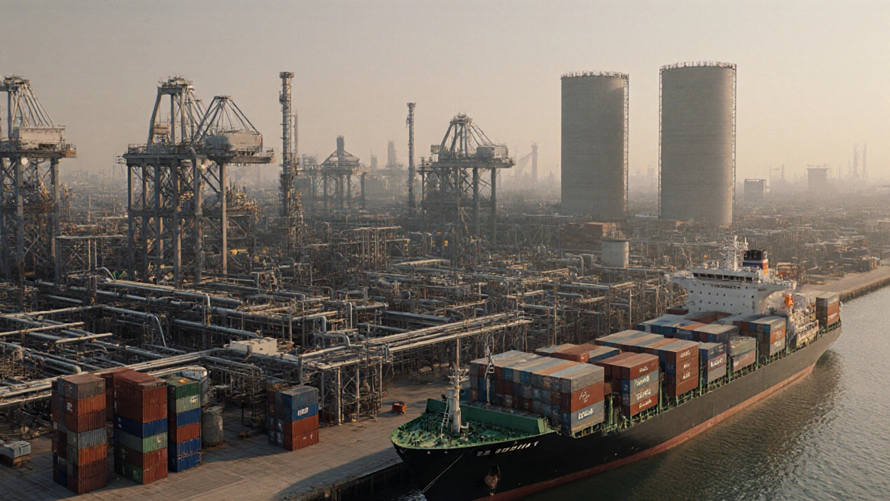 Photorealistic scene of a Chinese petrochemical complex with pipelines, molding lines, and loading ships.