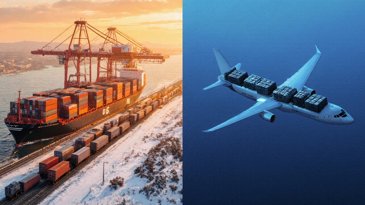 Port ship unloading steel, train to Canada, and cargo plane from Asia illustrating logistics.