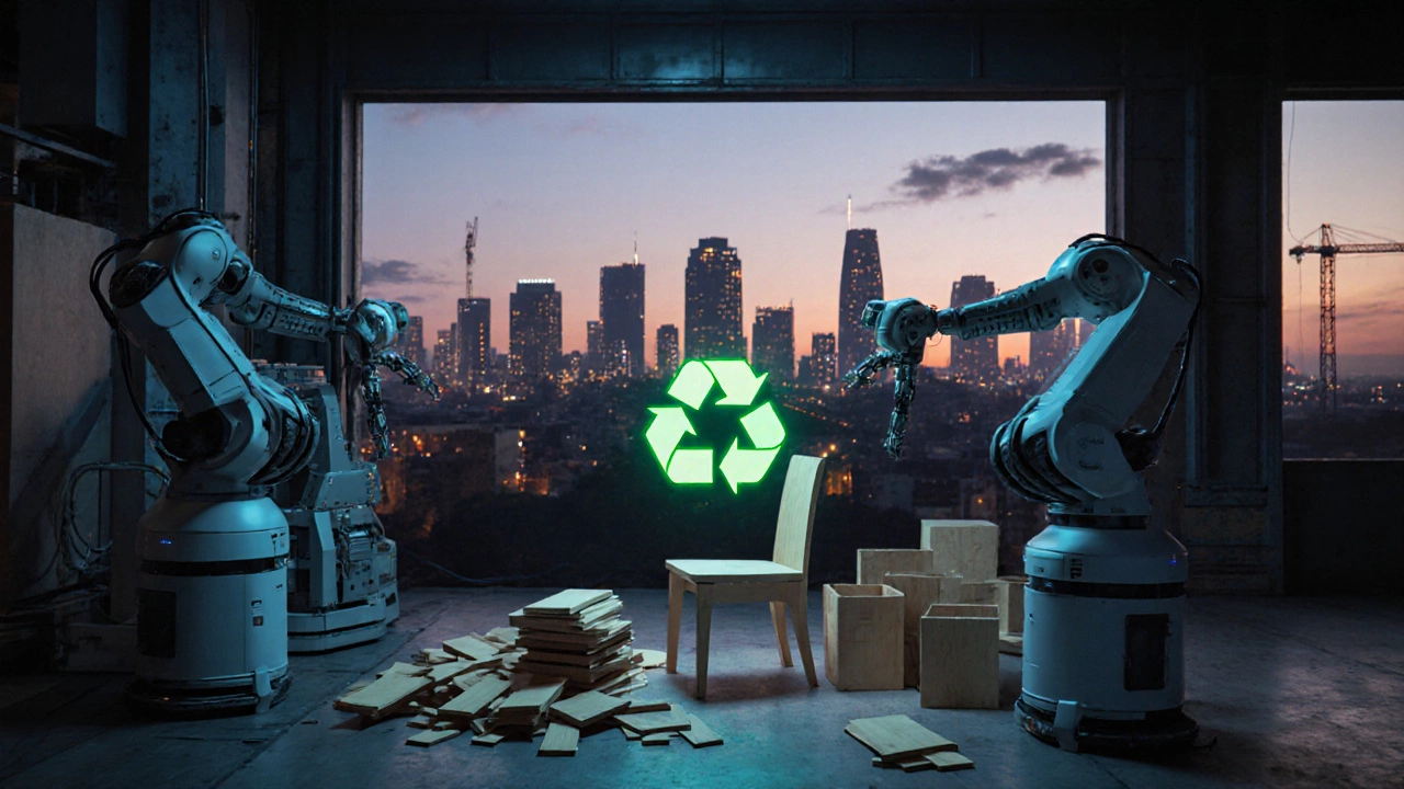 Robotic assembly line producing recyclable flat‑pack furniture, with silhouettes of emerging‑market cities.