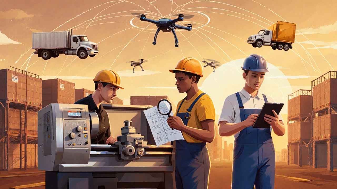 Skilled manufacturing workers and surrounding logistics network illustrating job multiplier