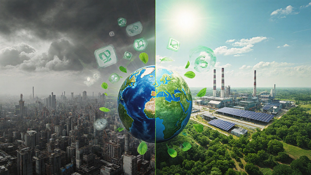 Split illustration contrasting smoggy Chinese factories with greener European and Brazilian polymer plants.