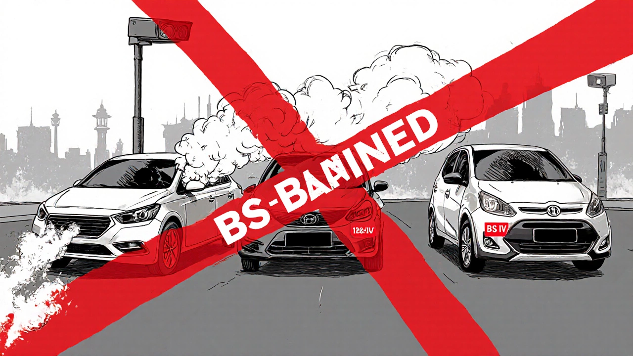 Three banned vehicles—diesel sedan, petrol hatchback, two‑wheeler—marked with red “BANNED” signs.