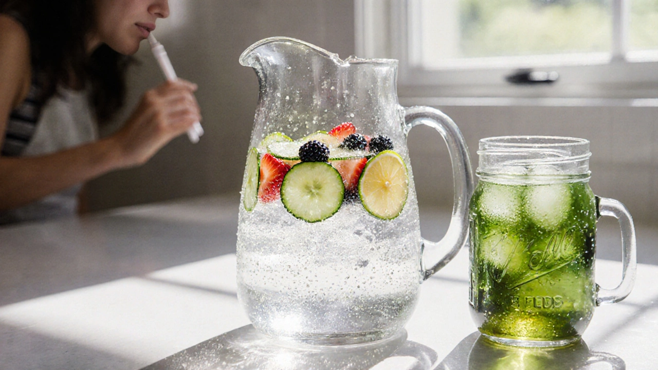 Water pitcher with lemon, cucumber, berries and a mason jar of iced tea on a sunny countertop.