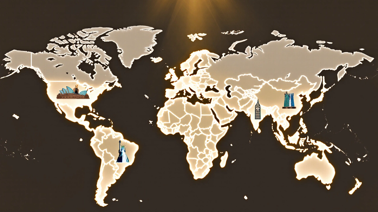 World map highlighting top pharmacist salary countries with golden glow and local icons.